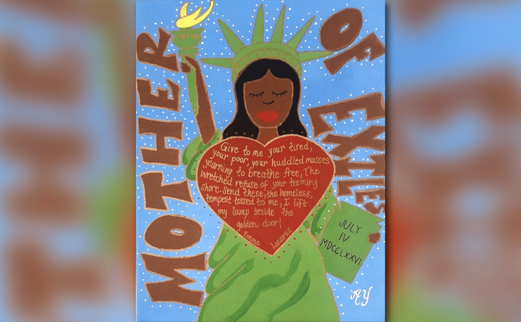 The statue of liberty holding a heart with the words mother of exile.