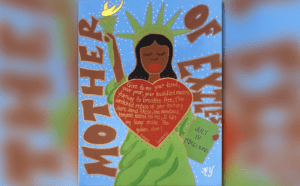 The statue of liberty holding a heart with the words mother of exile.