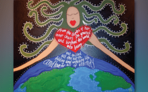 A painting of a woman with a heart on the earth.