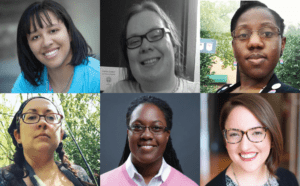 A collage of women wearing glasses and smiling.