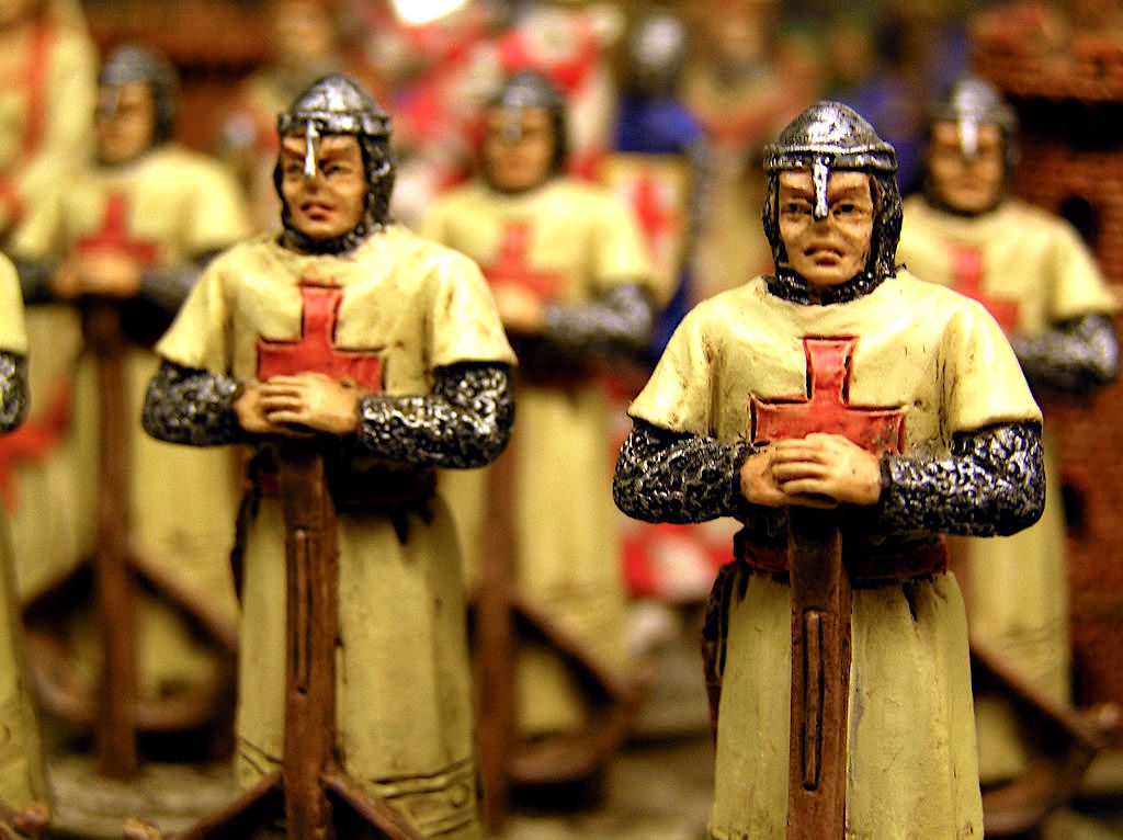 A group of figurines in a display.