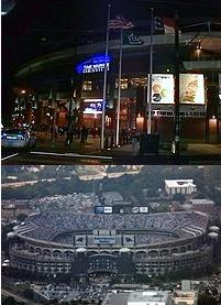 A picture of a stadium at night and a picture of a stadium at night.