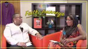 Two women sitting in chairs with the words faith journeys.