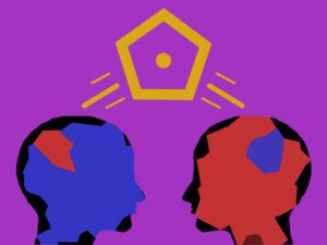 Two silhouettes of heads with a house in the middle.