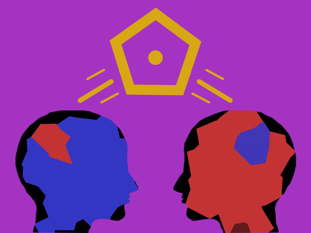 Two silhouettes of heads with a house in the middle.