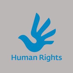 A blue dove with the words human rights on it.