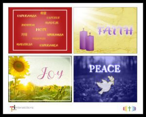 Four cards with the words faith, peace, and hope.
