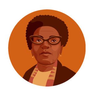 A black woman with glasses in an orange circle.