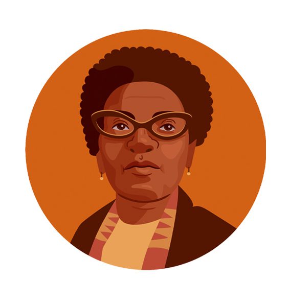 A black woman with glasses in an orange circle.