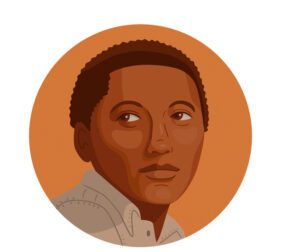 A portrait of a black woman in an orange circle.