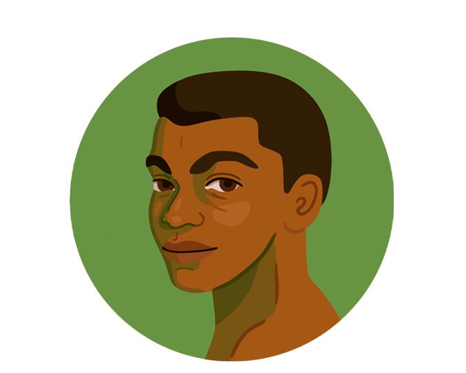 A portrait of a young man in a green circle.