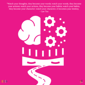 A pink background with a white brain and gears.