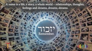A circle of photos with the words'remember'in hebrew.