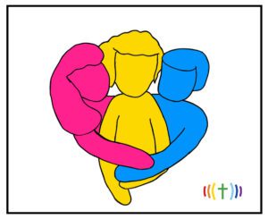 A cartoon of a family hugging each other.