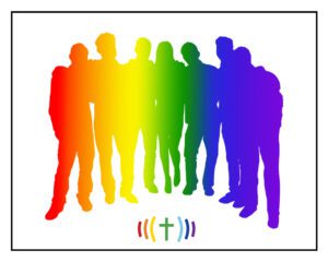 A group of people standing in front of a rainbow colored background.