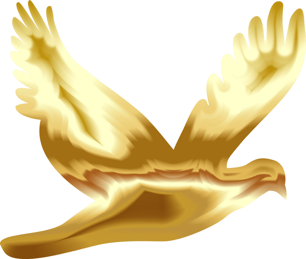 A golden dove flying over a white background.