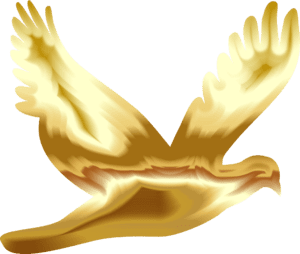 A golden dove flying over a white background.