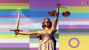 A statue of a woman holding a sword in front of a rainbow colored background.