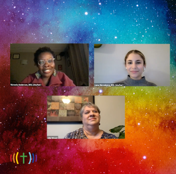 Three people are on a video call with a colorful background.