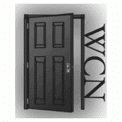 A black door with the word wcn on it.