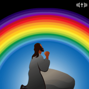 Jesus kneeling in front of a rainbow.